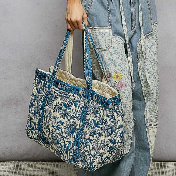 POL Ivory Blue Floral Quilted Tote Bag Block Print Cotton Boho Market Beach Bag - Picture 3 of 3
